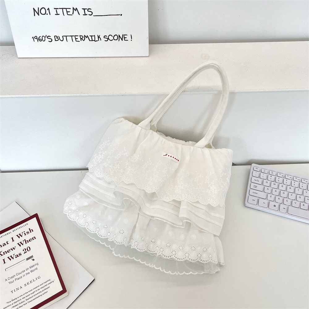 有趣琳 单肩包女温柔少蕾丝层叠花边裙子布袋包大容量通勤