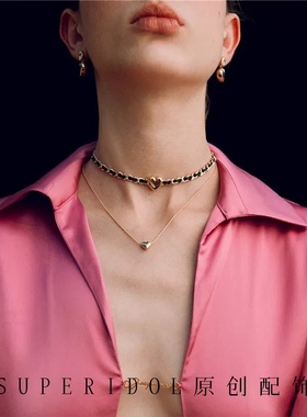 Rose同款减龄爱心穿皮项链choker