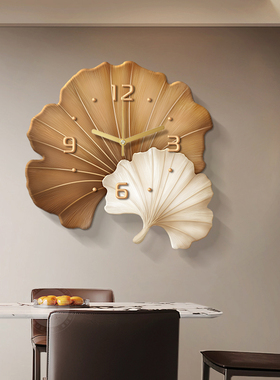 银杏叶带钟表挂墙餐厅装饰画简约客厅挂钟创意沙发背景墙挂画时钟