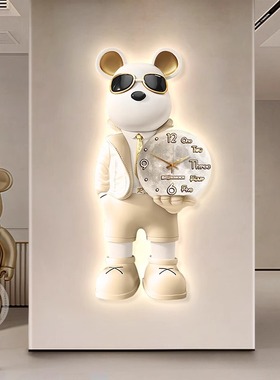 奶油风暴力熊玄关装饰画钟表潮流客厅背景墙挂画法式走廊尽头壁画