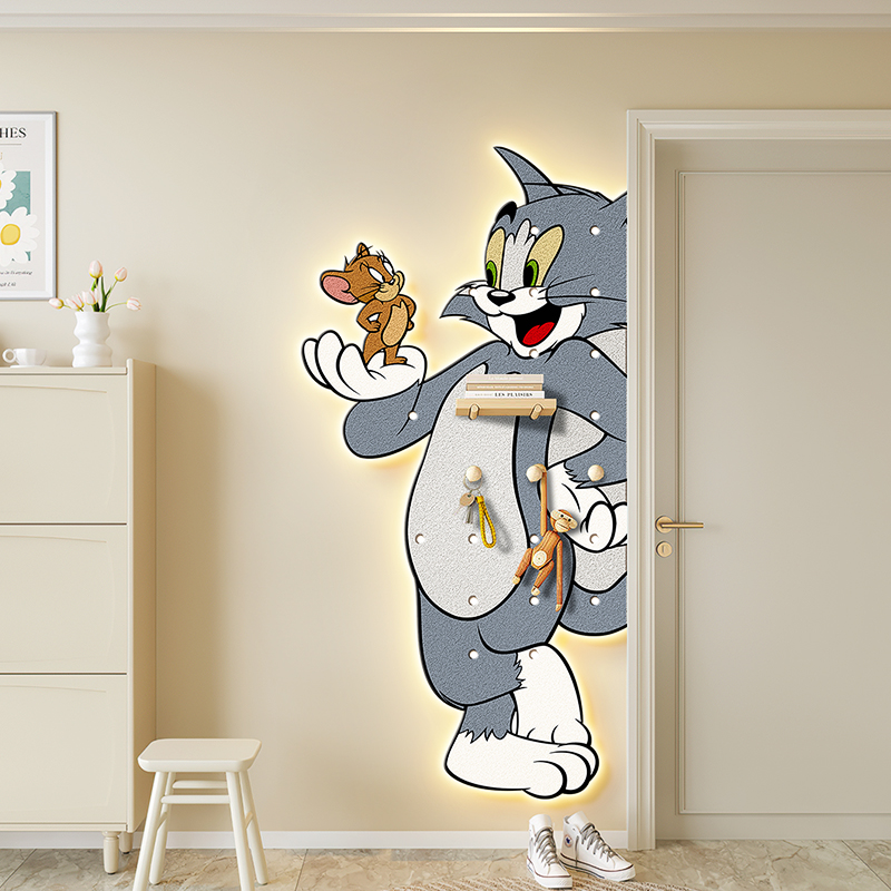 猫和老鼠玄关洞洞板入户门转角装饰画挂画置物架儿童房带灯光壁画