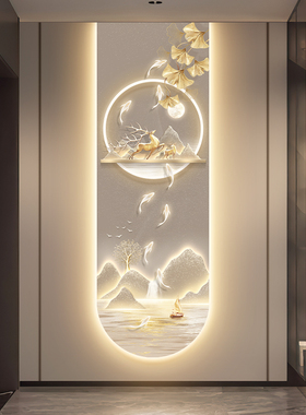 现代轻奢入户玄关装饰画麋鹿九鱼图大气过道壁画走廊尽头挂画灯画