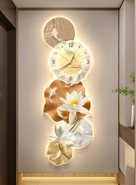 轻奢现代入户玄关装饰画九鱼图带钟表高档挂画走廊过道荷花壁灯画