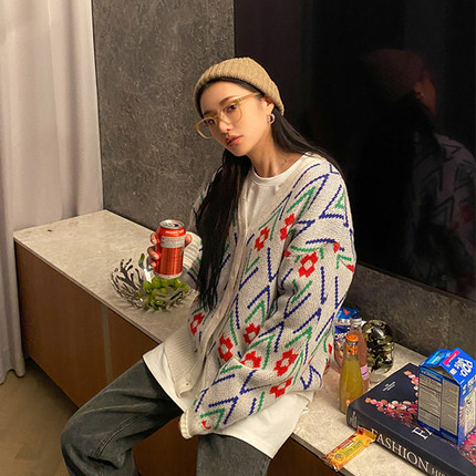 现货韩国stylenanda复古花色宽松开襟羊毛针织衫秋季制作商品