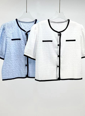 韩版小衫肌理感小香风V领泡泡袖通勤开衫衬衫女款T恤小衫88119