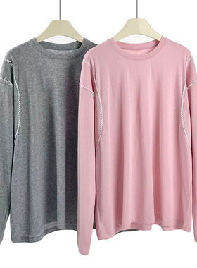 女新款设计感圆领长袖T恤显瘦蕾丝撞色纯色宽松上衣打底衫10256