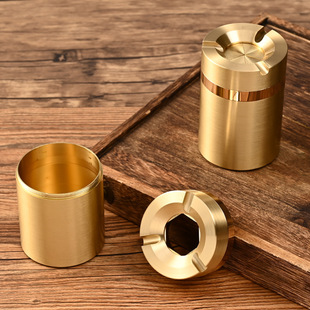 黄铜金属车载烟灰缸轻奢创意带盖六合旋转烟盒居家办公桌面防摔