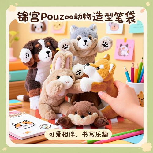 KINGJIM锦宫Pouzoo动物造型笔袋造型高颜值学生用笔盒绒毛装饰高