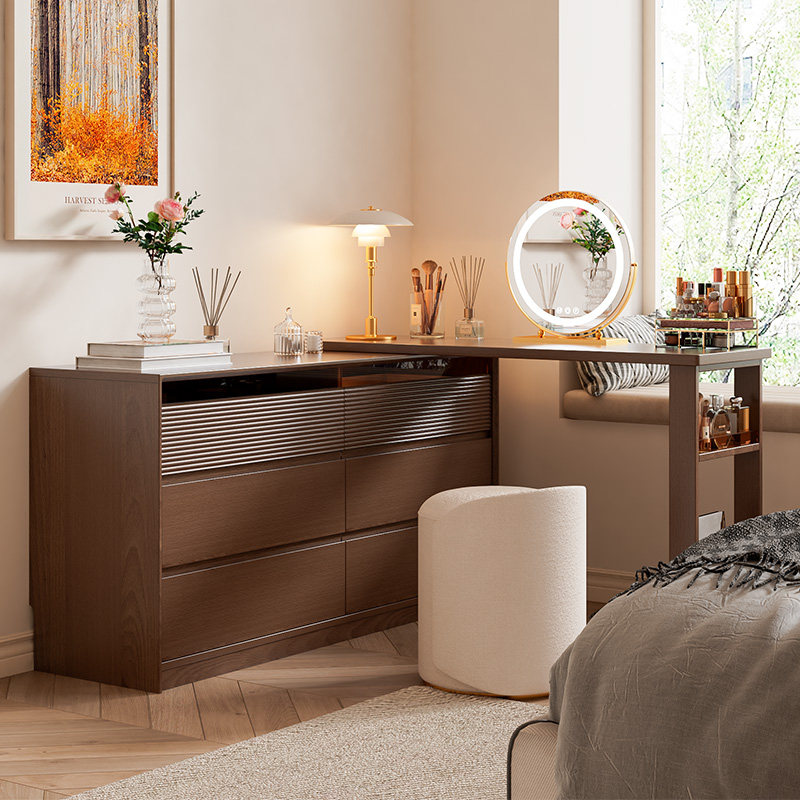 实木梳妆台家用小户型化妆桌床尾斗柜一体卧室榉木日式收纳储物柜