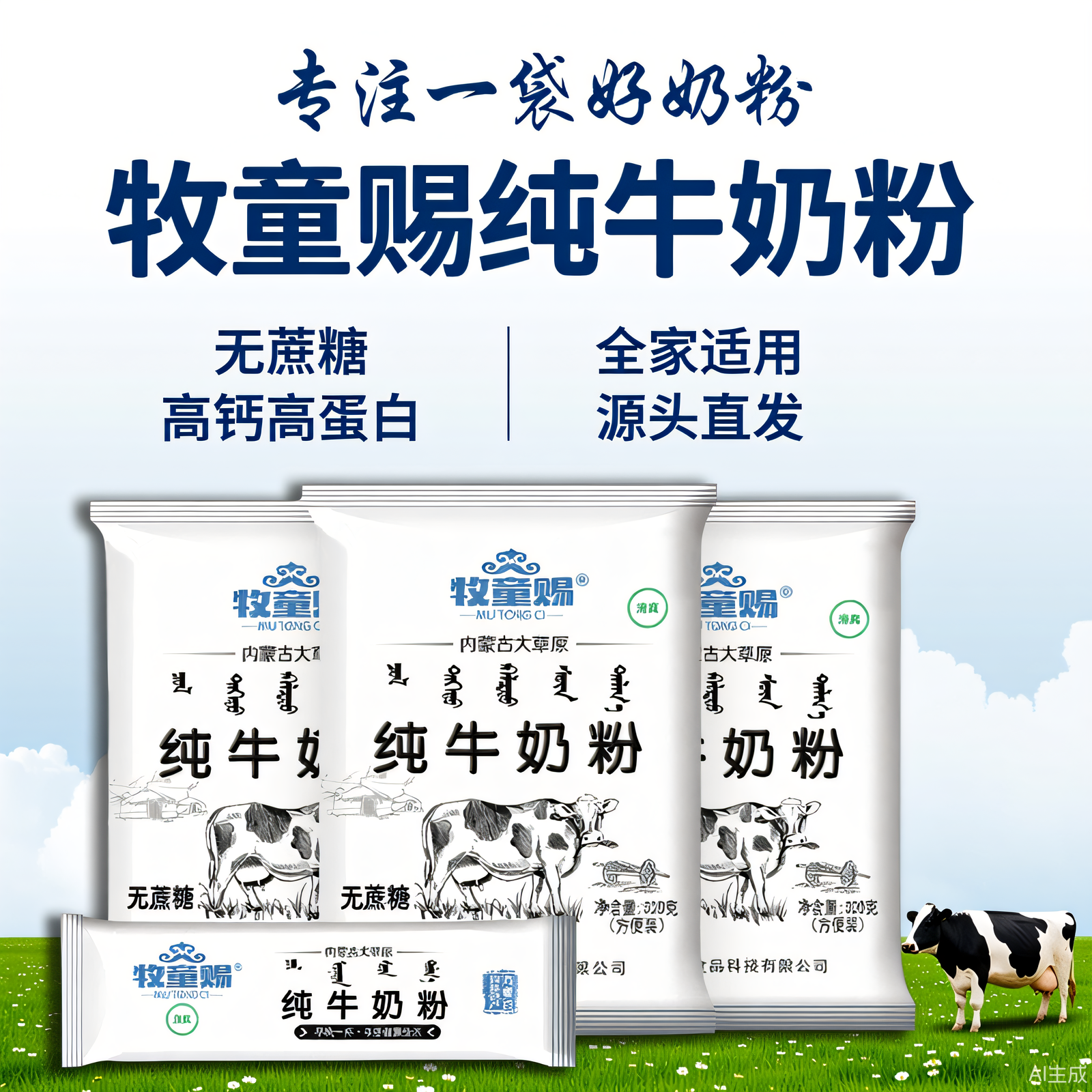 牧童赐内蒙纯牛奶粉袋装学生中老年成人早餐diy蛋糕酸奶烘焙食材