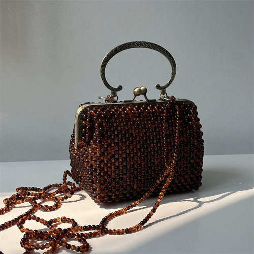 【CILI CLUTCH 】设计自制复古老口金大容量玳瑁色串珠斜挎手提包