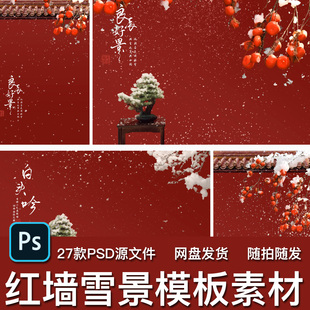 27款红墙雪景宫墙屋檐雪花飘落古风汉服摄影写真PSD模板背景素材