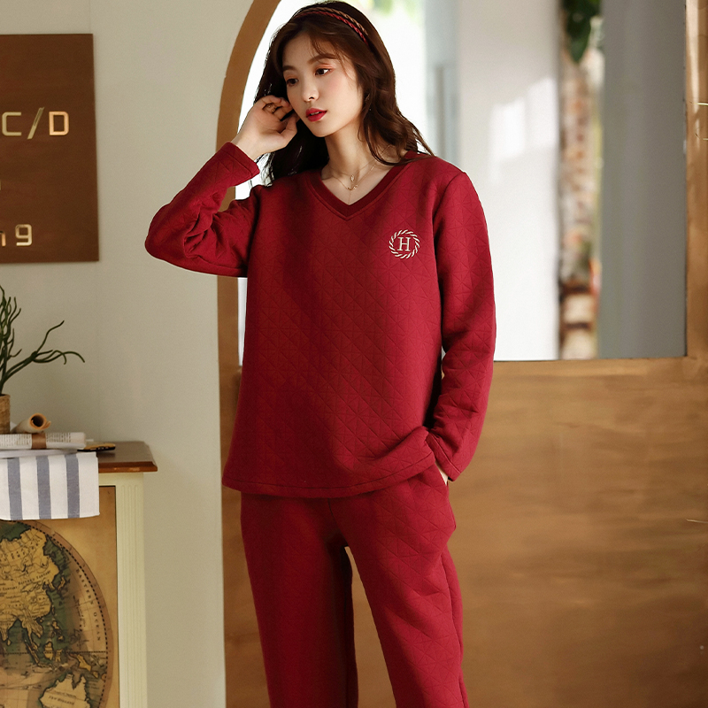 秋冬季纯色夹层套头保暖女士睡衣