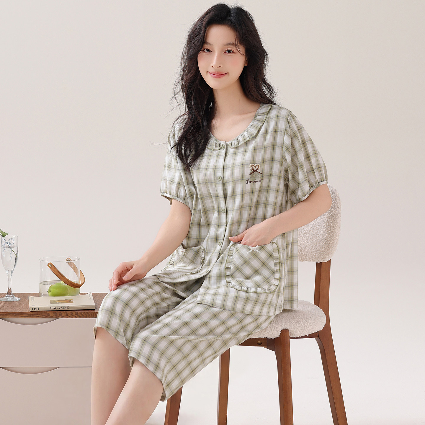 夏季梭织纯棉短袖七分裤女士睡衣开衫女式家居服100%全棉大码套装