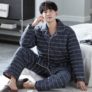 冬季里外纯棉夹棉男士睡衣针织夹棉袄家居服冬天三层加厚保暖套装