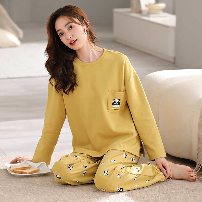 春秋季薄款套头睡衣女士100%纯棉长袖全棉可爱女家居服套装加大码