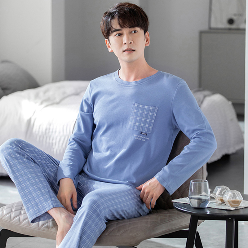 迪丝兰黛男士睡衣春秋季纯棉长袖长裤套头全棉大码男式家居服套装