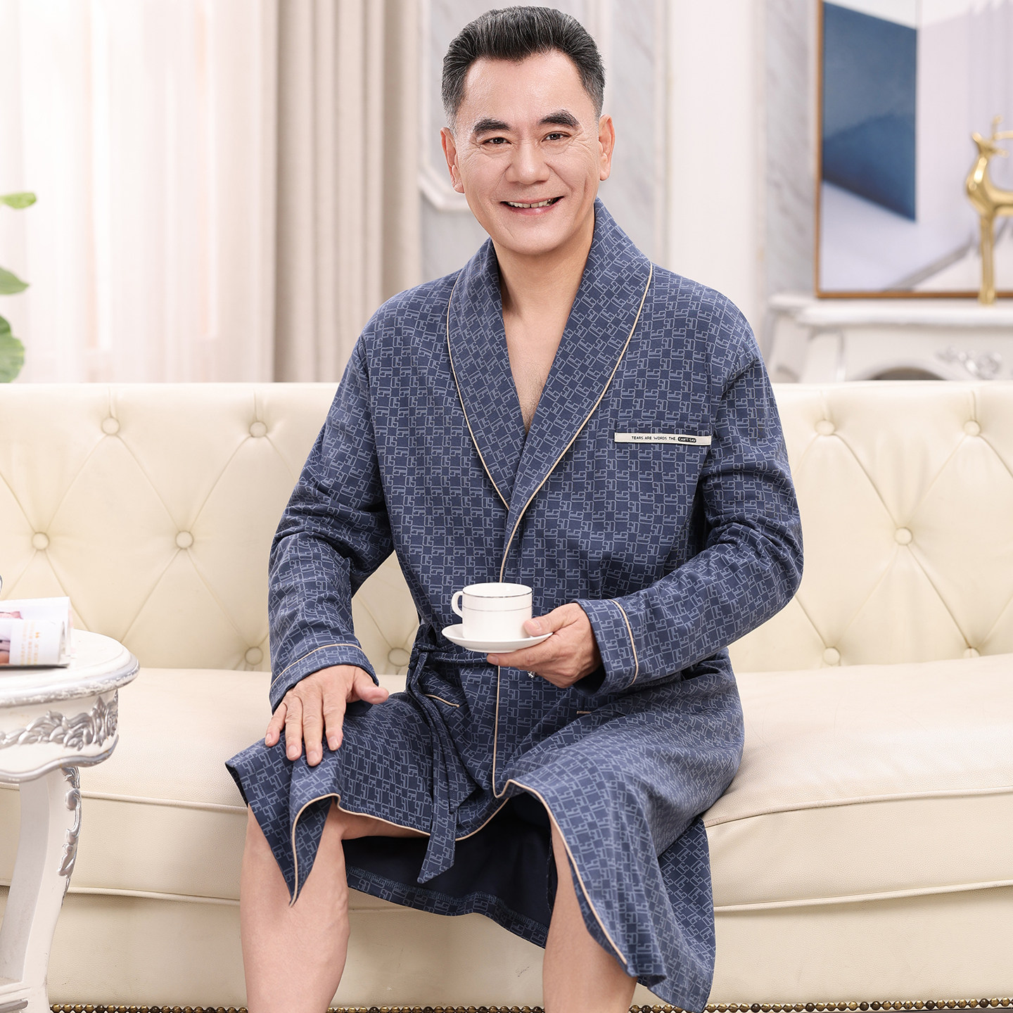 100%纯棉男士秋季中长款睡袍图片