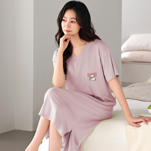 凉爽莫代尔棉睡裙女款夏季短袖中长款裙子纯色简约休闲中年家居服