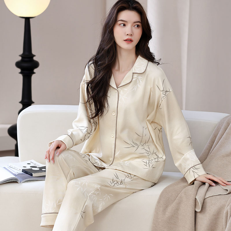 春秋季双面厚纯棉翻领系扣女士睡衣套装长袖长裤100%全棉质家居服