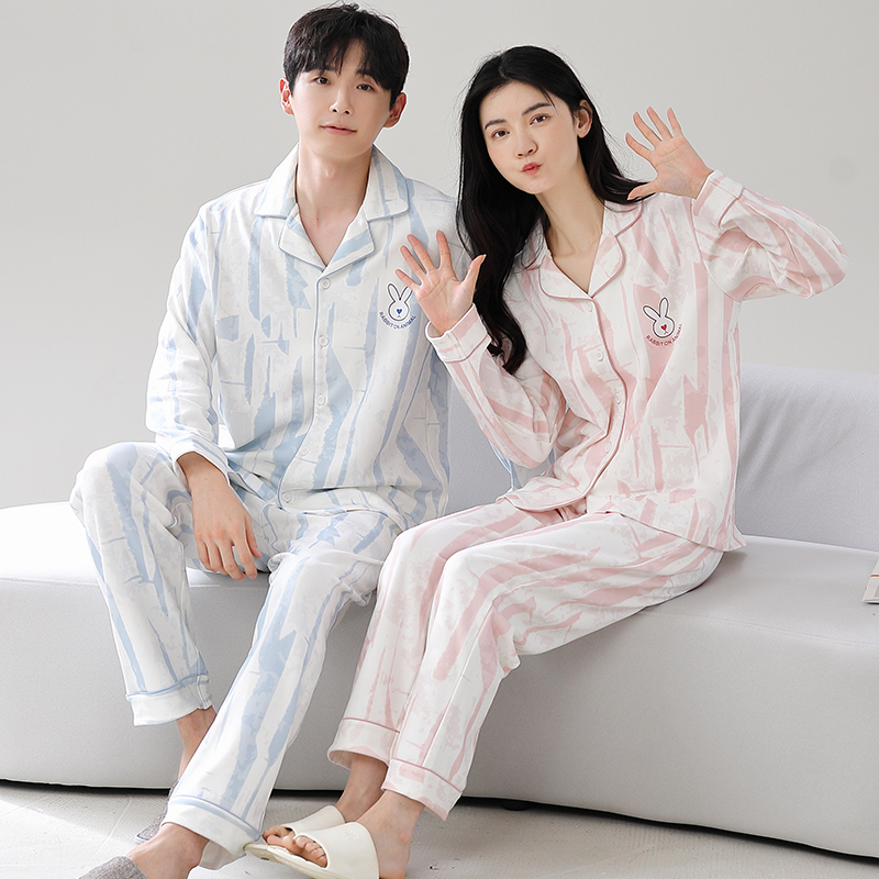 春秋季全棉长裤双面加厚情侣睡衣