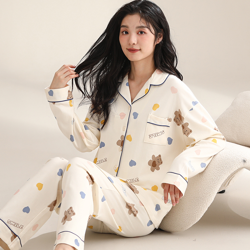 长袖长裤全棉质女款开衫家居服