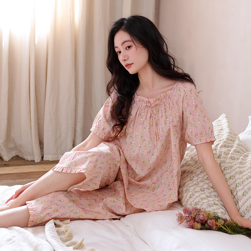 薄款女夏季纯棉短袖七分裤碎花睡衣套装100%全棉妈妈家居服可外穿