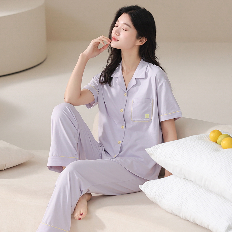 夏季纯棉新款睡衣女款拉架棉开衫翻领短袖长裤套装简约韩版家居服