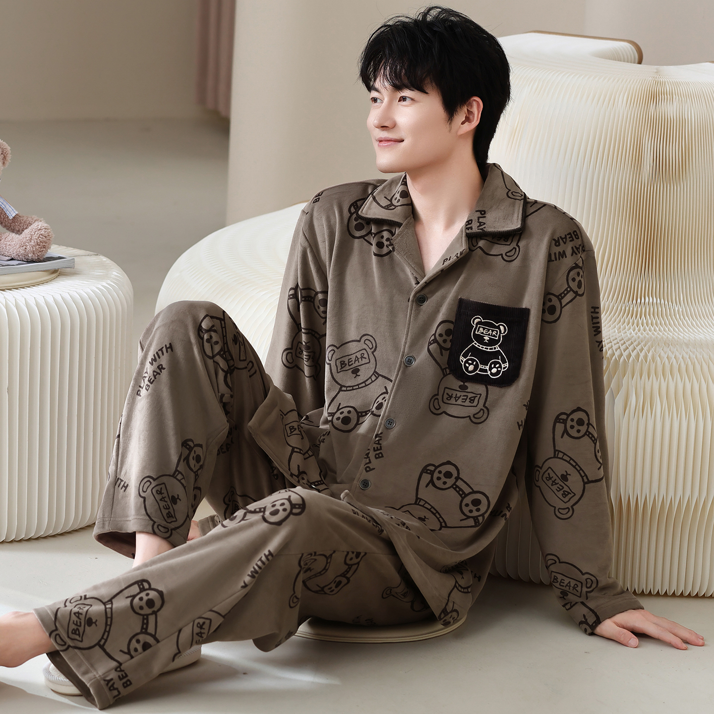 高档消光海岛绒男秋冬季加厚保暖长袖开衫家居服天鹅绒套装可外穿