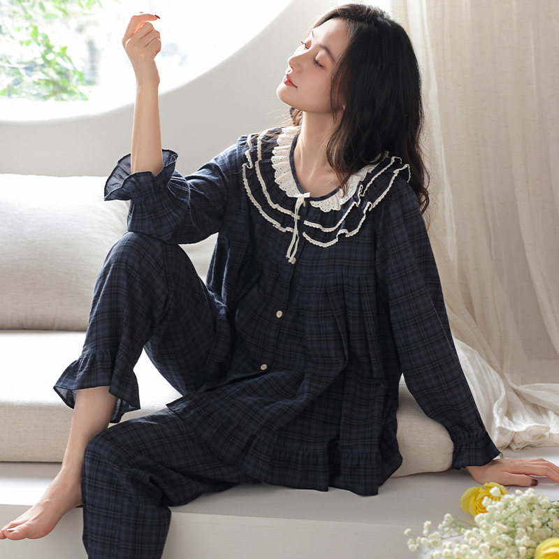高档100%纯棉女士格子睡衣春秋季全棉长袖甜美风家居服套装可外穿