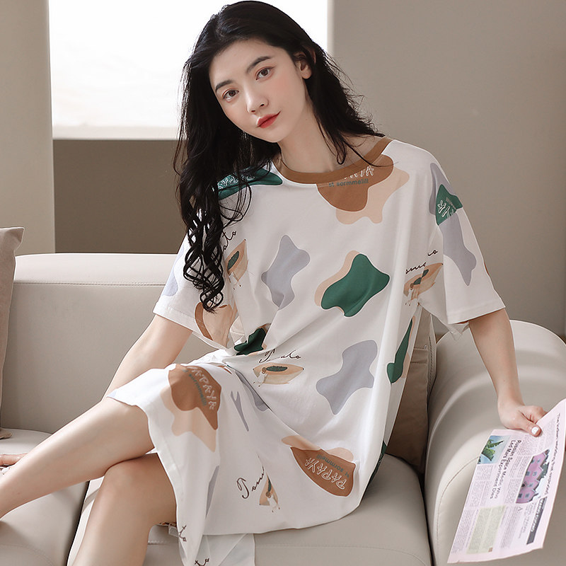 莫代尔棉拉架睡裙女夏季短袖薄款卡通印花可外穿家居服中长款裙子