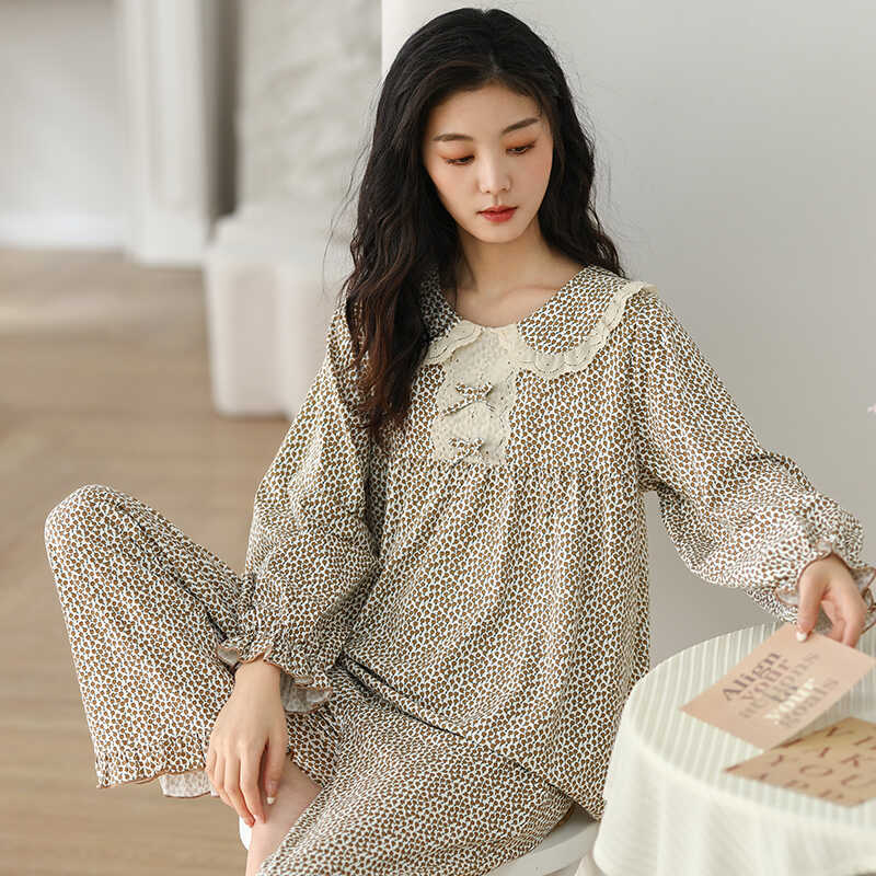 春秋季拉架纯棉小碎花长袖套头女士睡衣美丽全棉家居服妈妈套装