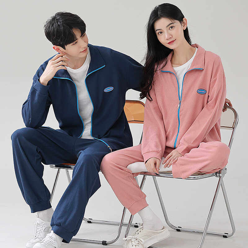 春秋季加厚长袖华夫格纯棉情侣睡衣套装拉链款男女式运动家居服
