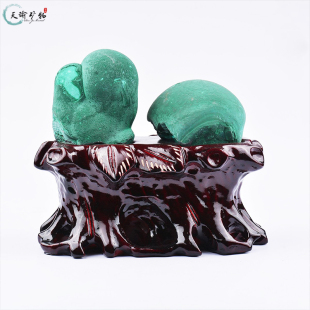 孔雀石摆件 天然水晶钟乳石原石矿石奇石头标本双座实木底座奇石