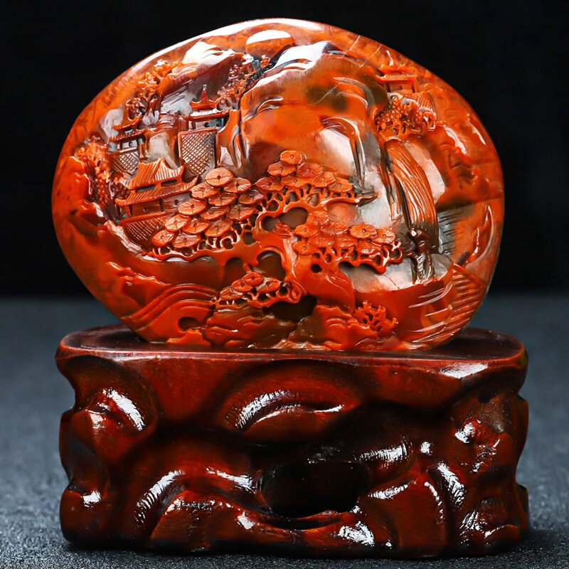 天然四川凉山南红玛瑙依山傍水南红玉山水摆件原石雕刻男女款338