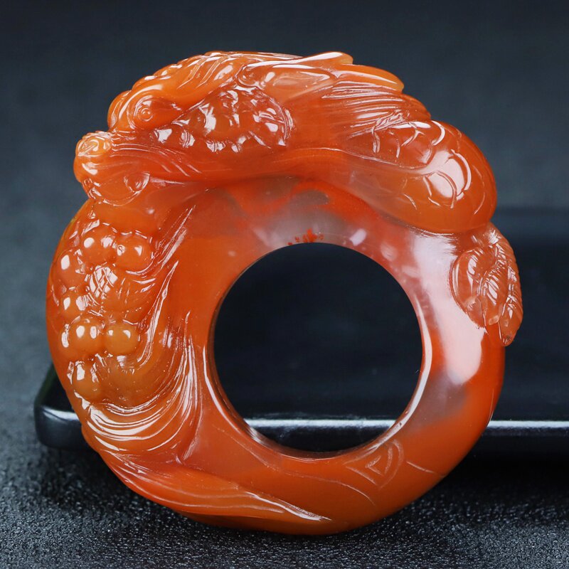 天然凉山保山南红玛瑙戒指 指环柿子红扳指原石龙雕刻男女13号