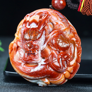 天然四川南红玛瑙吊坠生肖龙牛血红原石雕刻龙手把件男女款45号