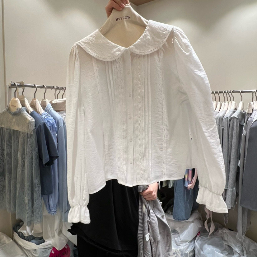 韩国东大门2026春季新款纯色简约减龄洋气蕾丝拼接娃娃领长袖衬衫