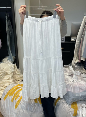 韩国东大门RIVEROOM 2026春季新款松紧腰抽绳镂空花边蛋糕裙