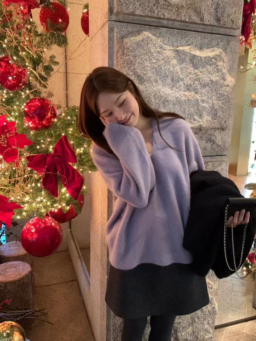 韩国东大门代购Ounce2025冬新款纯色羊驼毛简约百搭v领套头毛衣