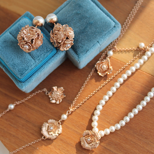 高质量重工立体花球耳钉卉矢车菊珍珠项链欧美复古时尚女级多双层