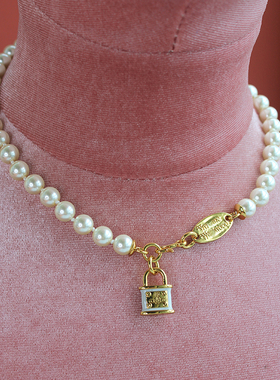 珍珠珐琅土星锁扣复古小众欧美时髦项链尚金属黄铜镀朋克女重工高