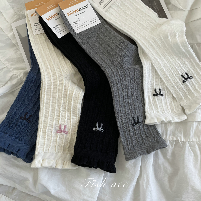 韩国东大门甜美芭蕾风花边纹理刺绣精致蝴蝶结袜子日常中筒女袜