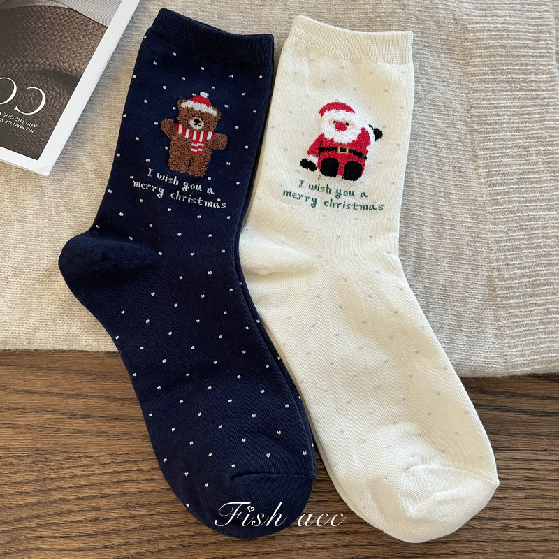 韩国东大门进口新年圣诞节氛围可爱小熊雪人点点中筒袜子棉袜女袜,女士内衣/男士内衣/家居服,中筒袜,淘宝优惠券,粉丝福利购,淘宝优惠卷