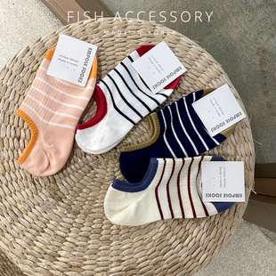 韩国东大门进口美丽配色条纹软兜袜简约浅口棉袜夏日防滑女船袜子