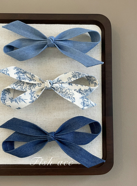 韩国进口复古发饰蓝色系牛仔蓝青花瓷印花蝴蝶结发夹鸭嘴夹边夹女