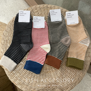 韩国东大门进口秋季 中筒袜美丽配色日系简约细条纹撞色袜子女 新品