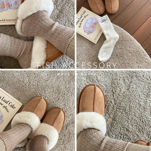 韩国进口冬季 温暖纯色加厚保暖袜子细腻羊毛多色中筒袜毛线女袜