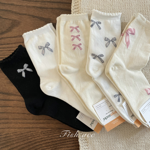 韩国东大门进口春季 棉袜甜美蝴蝶结芭蕾风中筒袜子简约运动袜 新品