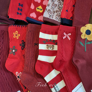 新年氛围 韩国东大门进口圣诞新年红袜子安可拉红本命年中筒棉袜